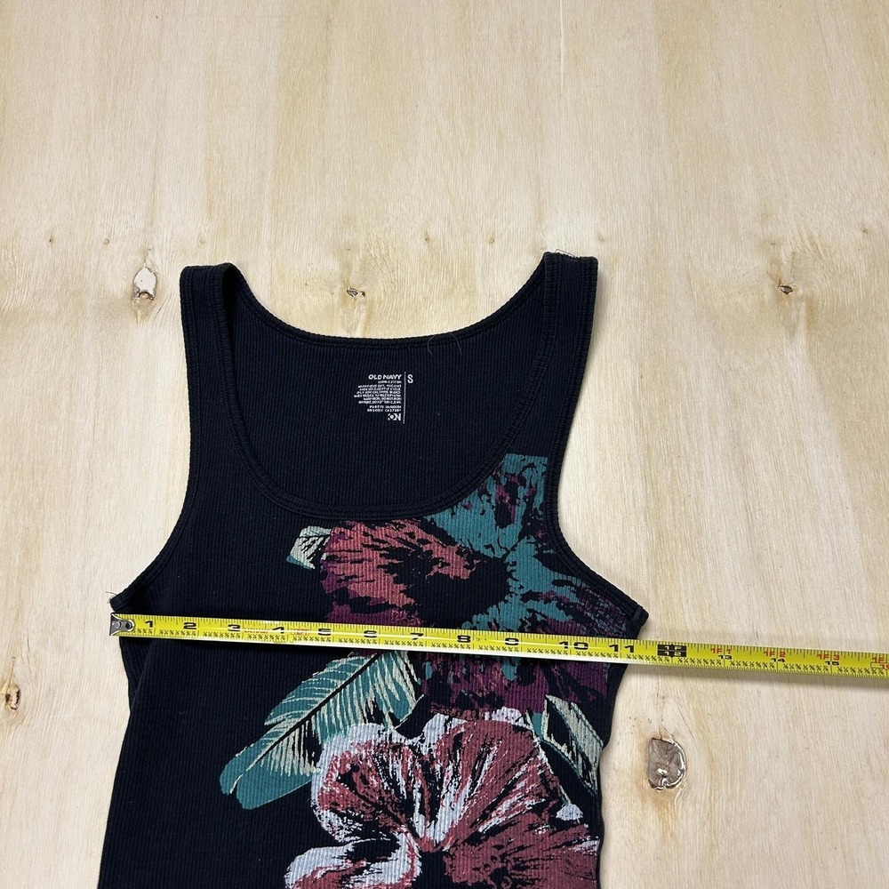 Y2K Old Navy Tank Top Womens Small Black Floral Scoop Neck Ribbed Tropical Top - Picture 5 of 6
